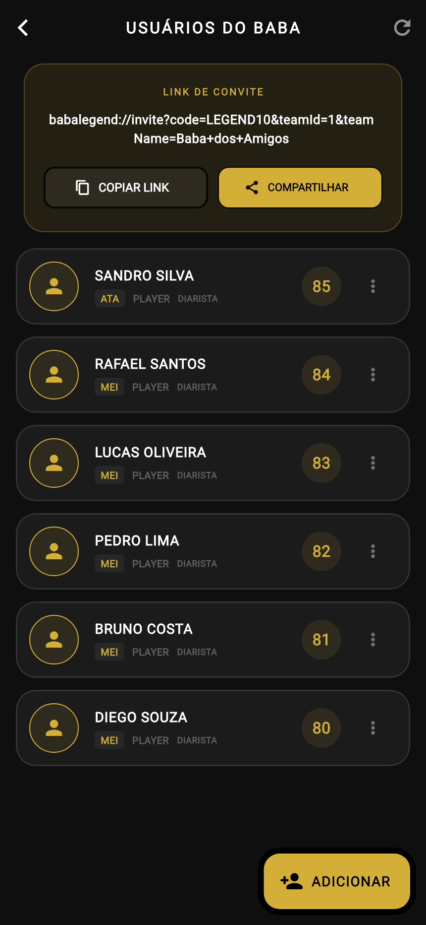 Lista real de jogadores do baba com a opção de convite